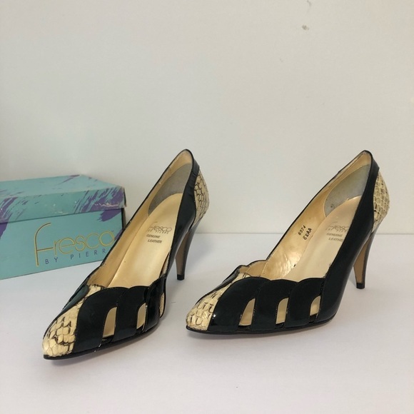 Vintage 90s Hollywood Faux Patent Snakeskin Stiletto Pumps Heels Size 8 8.5 - Picture 2 of 8